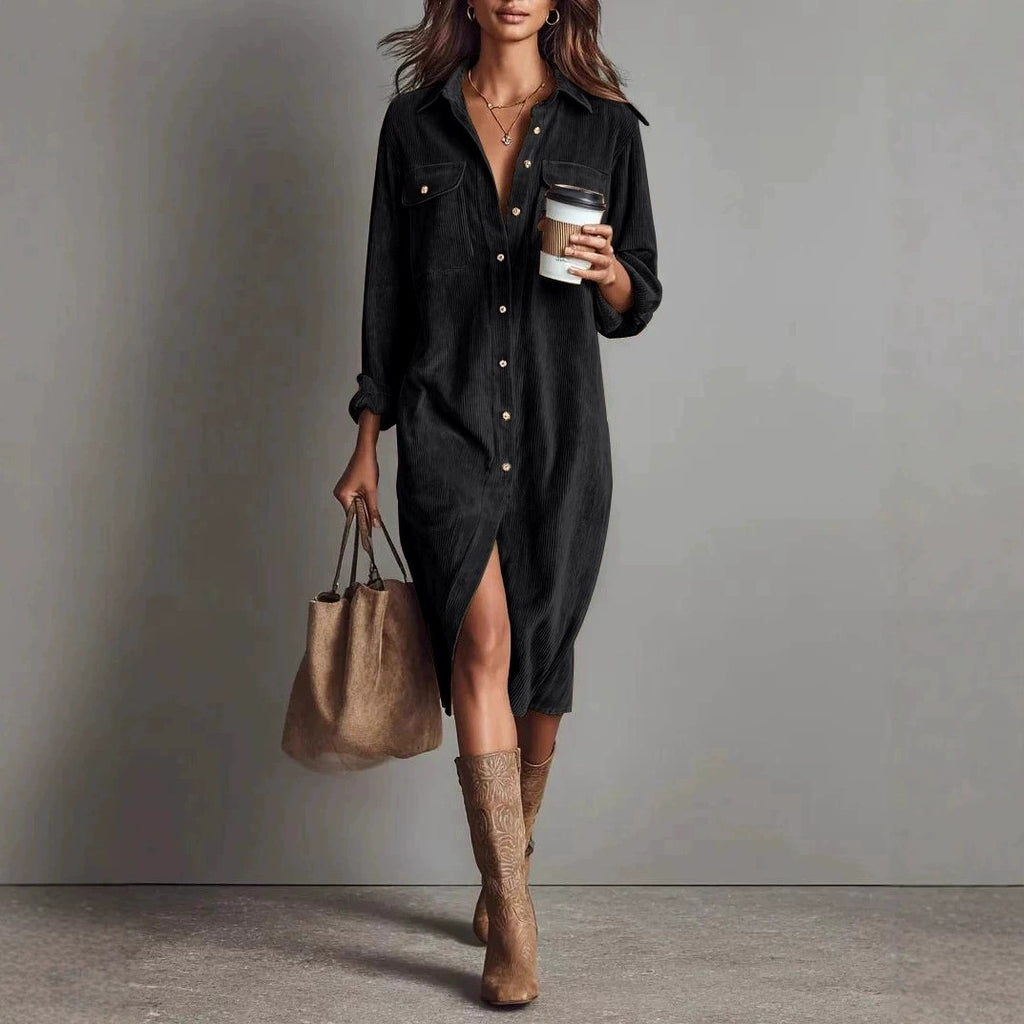 Turn-Down Collar Buttons Chic Casual Dress, Women Spring Autumn Solid Simple Party Dress, Long Sleeve Holiday Ladies Dress