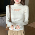 Stitching Women's Half Turtleneck Hollow-out Design Long-sleeved Top