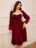 Women's Vintage Christmas Party Long Sleeve Red Velvet Dress Square Collar Dress Elegant Slimming Waist Autumn Women's Clothing