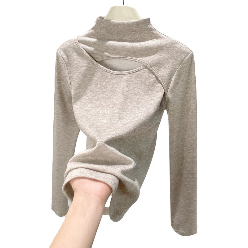 Stitching Women's Half Turtleneck Hollow-out Design Long-sleeved Top