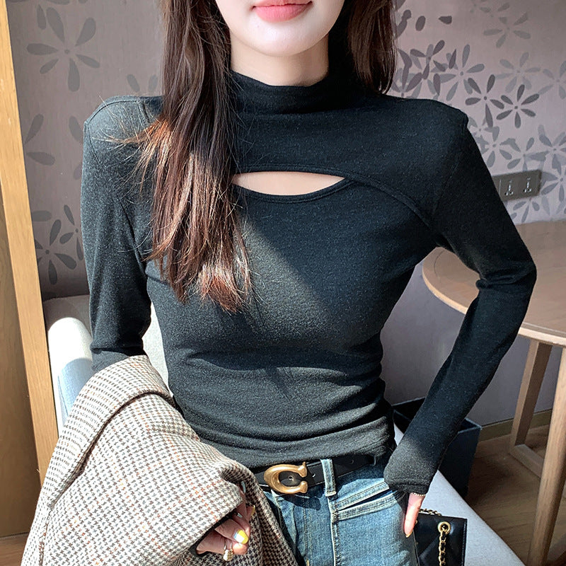 Stitching Women's Half Turtleneck Hollow-out Design Long-sleeved Top