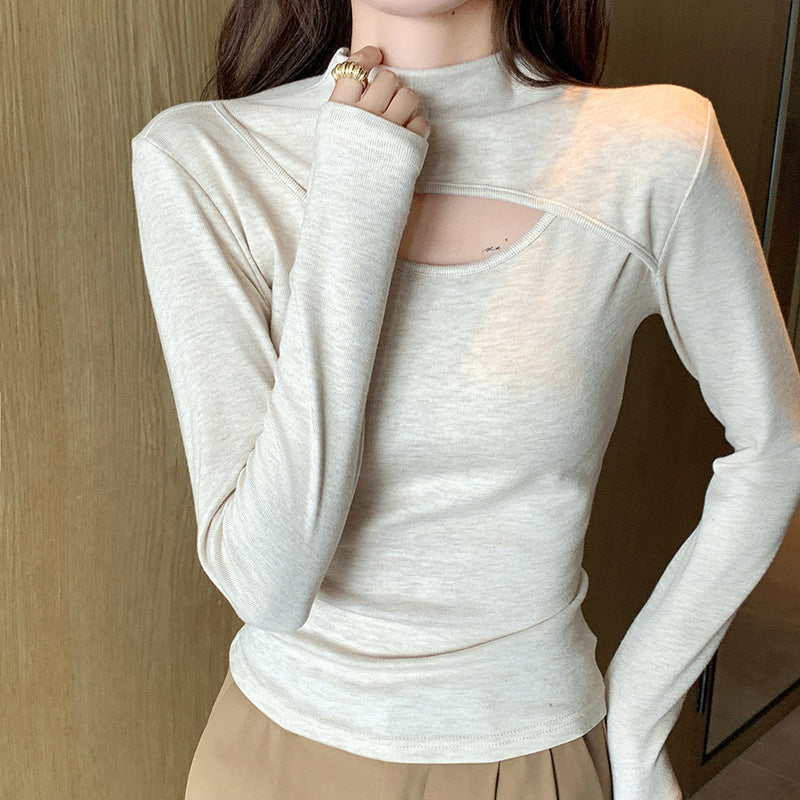 Stitching Women's Half Turtleneck Hollow-out Design Long-sleeved Top