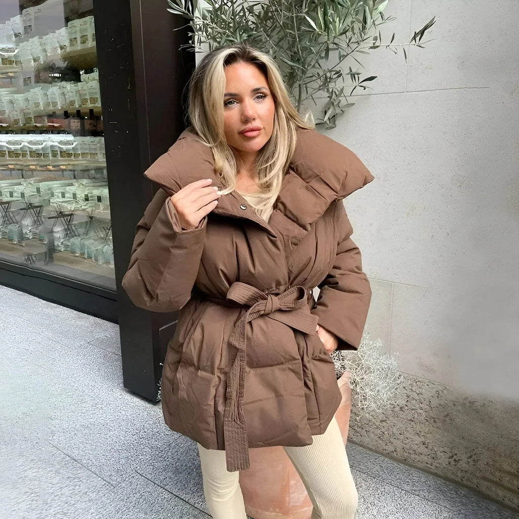 Winter Thickened Jacket Fashion Lapel Cotton Coat With Belt Warm Casual Top Outwear Women's Clothing