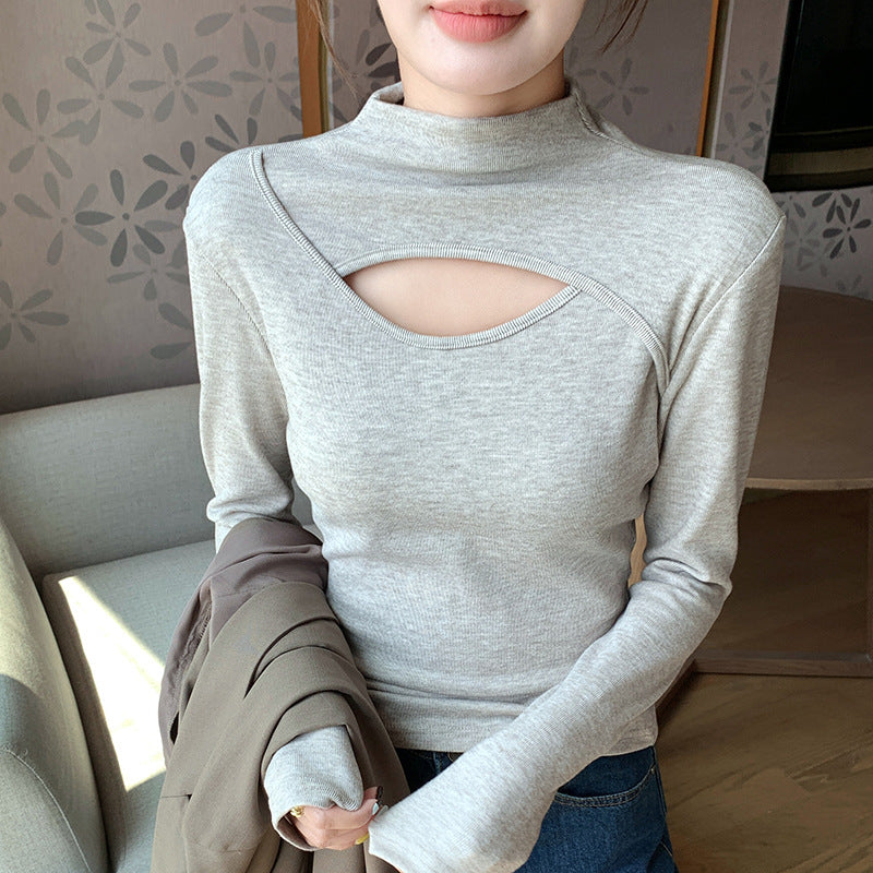 Stitching Women's Half Turtleneck Hollow-out Design Long-sleeved Top